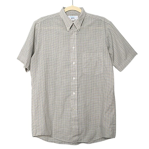 Kent Arrow Check Short Sleeve Button Down Shirt Plaid White Tan Blue Preppy Top - Picture 1 of 8